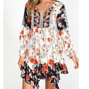 PATRONS OF PEACE WESTERN BOHO MIDI DRESS ASYMMETRICAL HEM FLOWY RUFFLED SIZE M